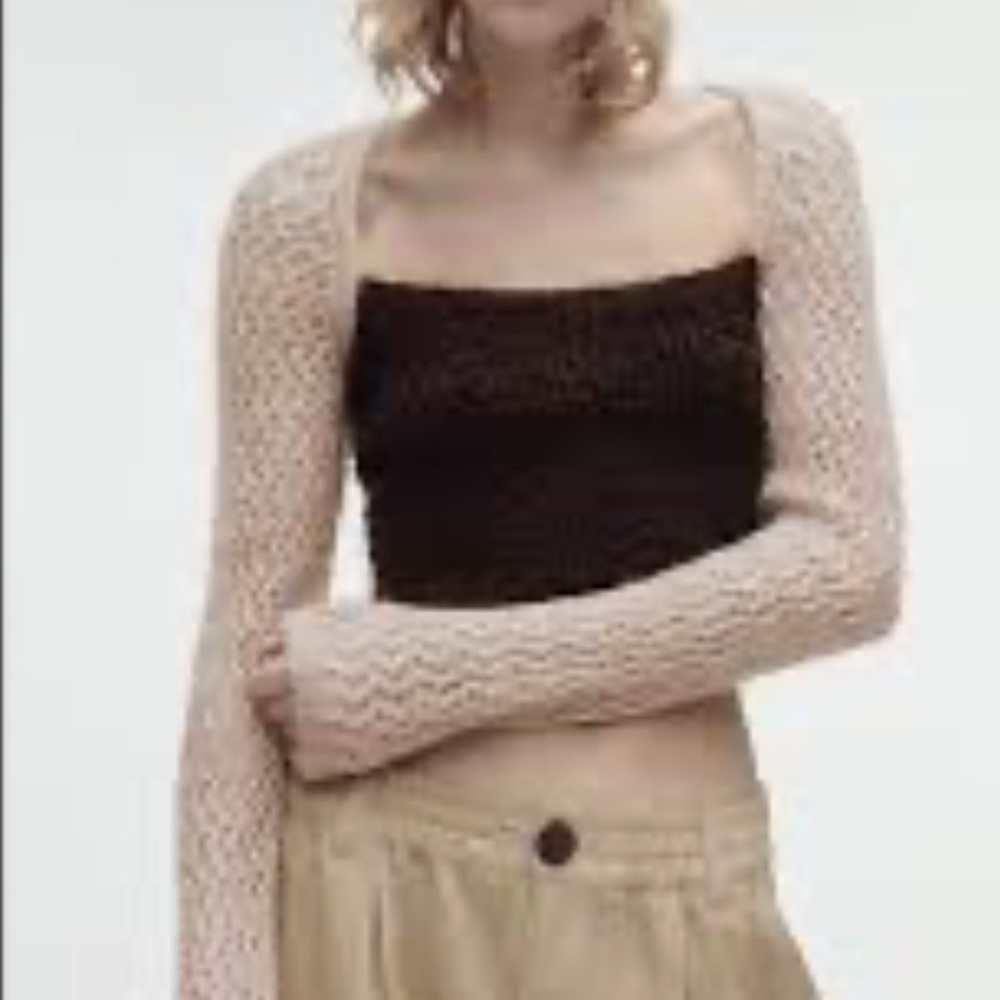 Zara Open Crochet Knit Cottagecore Long Sleeve Cropped Sweater